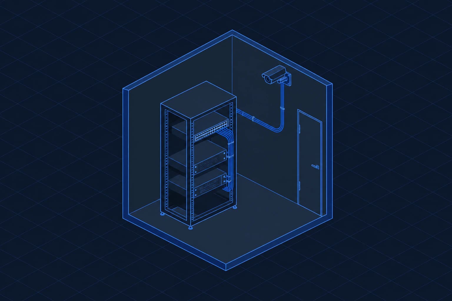 Illustration: a server rack, a network switch and a security camera inside one room.